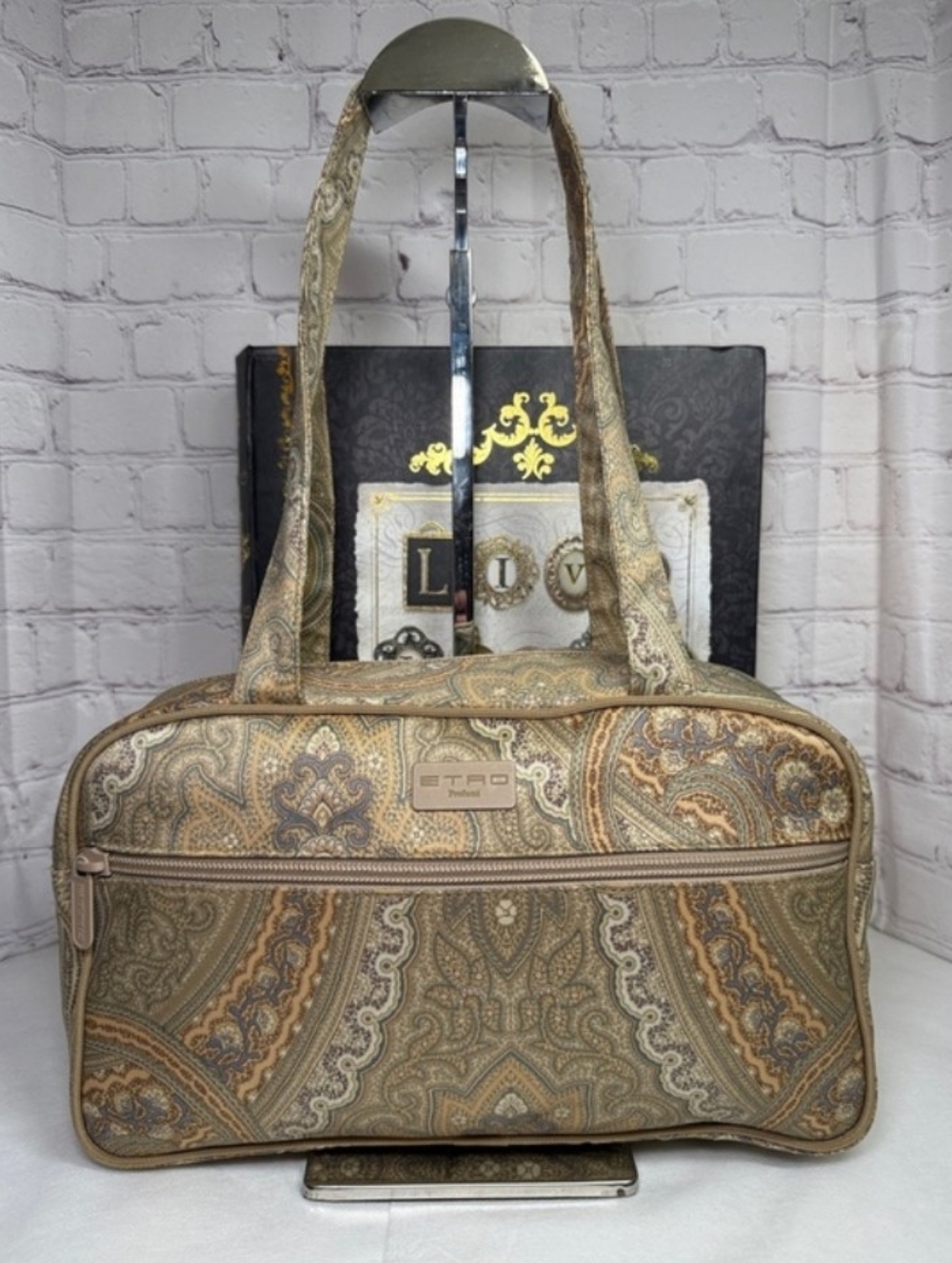 Etro Paisley Pattern Shoulder Bag in Beige, Brown, Olive